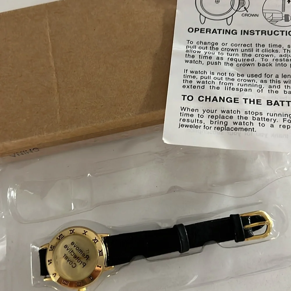 VINTAGE WATCH 90s Roman Numerals Gold-tone Bezel Leather Band Unisex Business